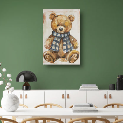 Aquarel  van een teddybeer met sjaal canvas met baklijst