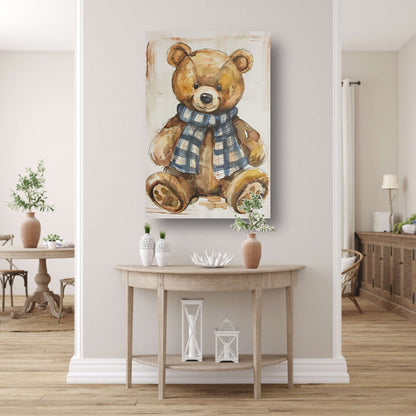 Aquarel  van een teddybeer met sjaal canvas met baklijst