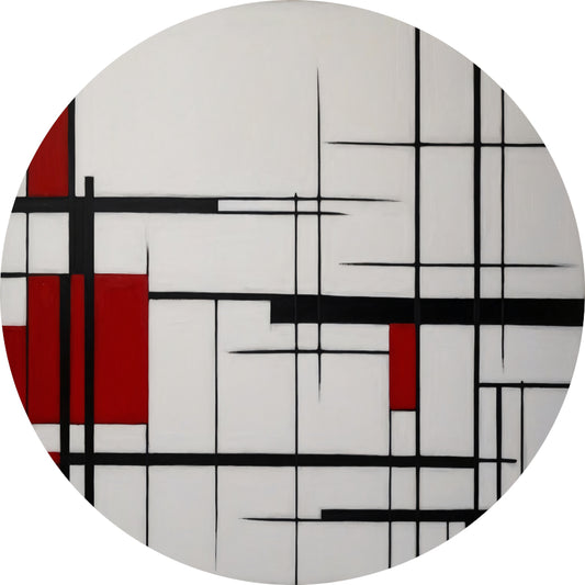 Geometrische Harmonie in Rood, Zwart en Wit aluminium muurcirkel