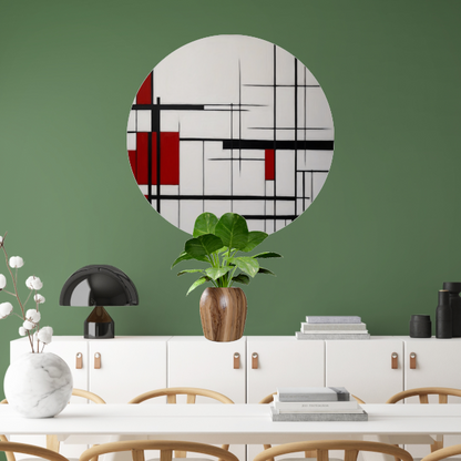 Geometrische Harmonie in Rood, Zwart en Wit aluminium muurcirkel