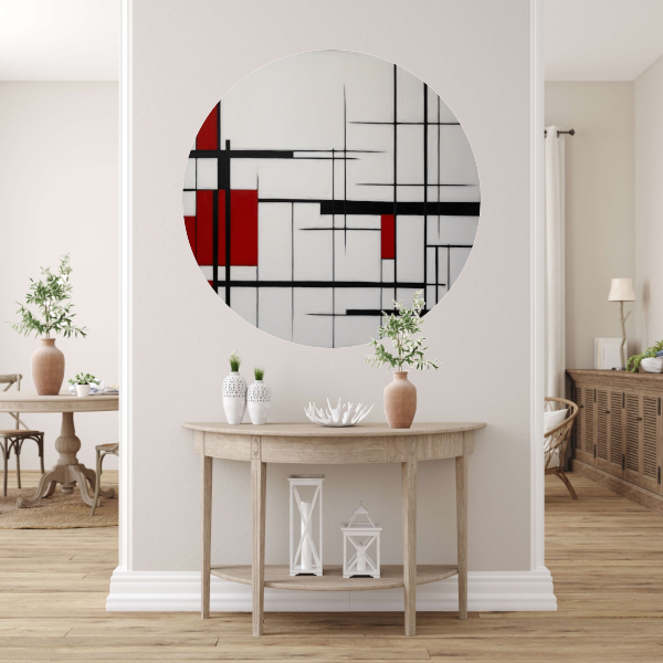 Geometrische Harmonie in Rood, Zwart en Wit aluminium muurcirkel