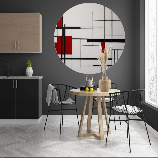 Geometrische Harmonie in Rood, Zwart en Wit aluminium muurcirkel
