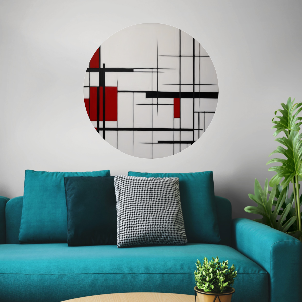 Geometrische Harmonie in Rood, Zwart en Wit aluminium muurcirkel