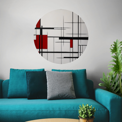 Geometrische Harmonie in Rood, Zwart en Wit aluminium muurcirkel