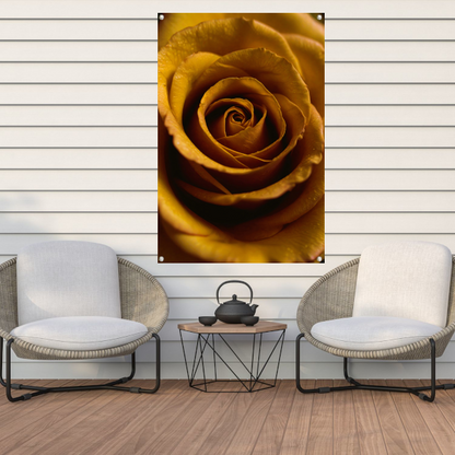 Gouden ochtenddauw op gele roos tuinposter