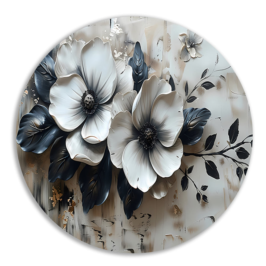 Abstract minimalistisch bloemenontwerp in zwart-wit aluminium muurcirkel