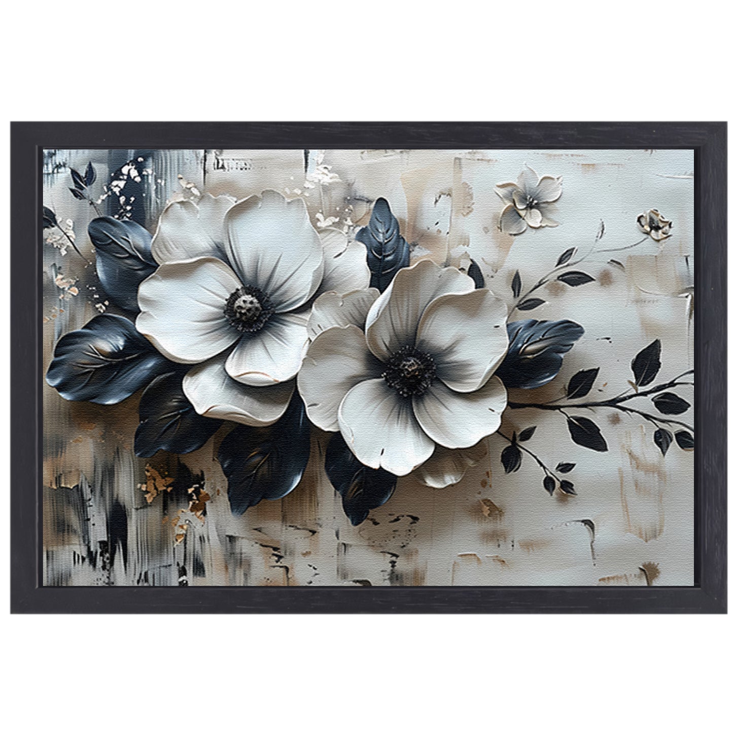 Abstract minimalistisch bloemenontwerp in zwart-wit canvas met baklijst