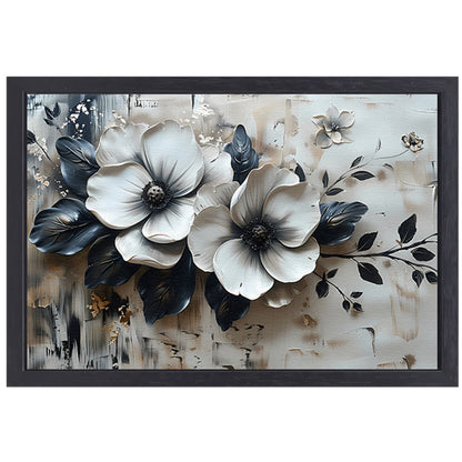 Abstract minimalistisch bloemenontwerp in zwart-wit canvas met baklijst