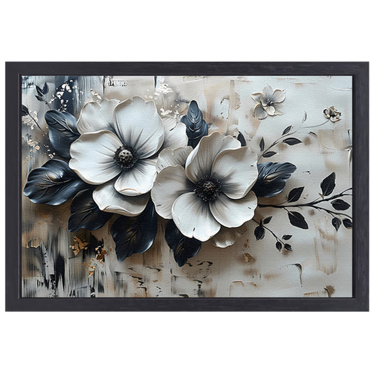 Abstract minimalistisch bloemenontwerp in zwart-wit canvas met baklijst