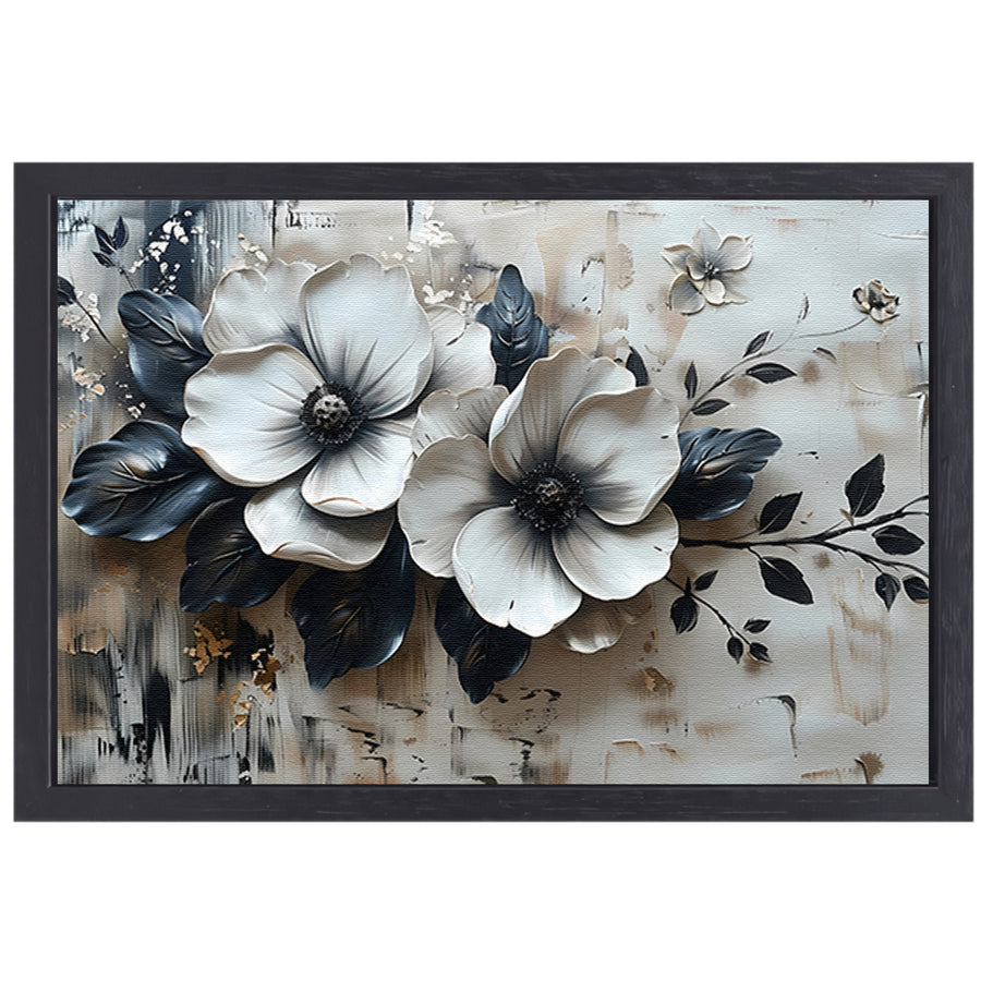 Abstract minimalistisch bloemenontwerp in zwart-wit canvas met baklijst