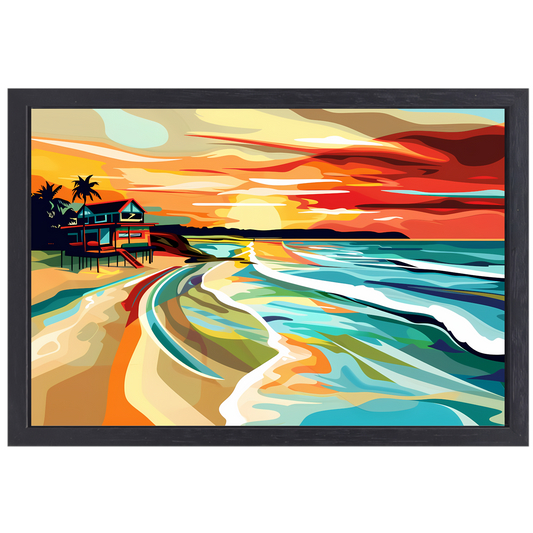 Impressionistisch strandhuis bij zonsondergang canvas met baklijst