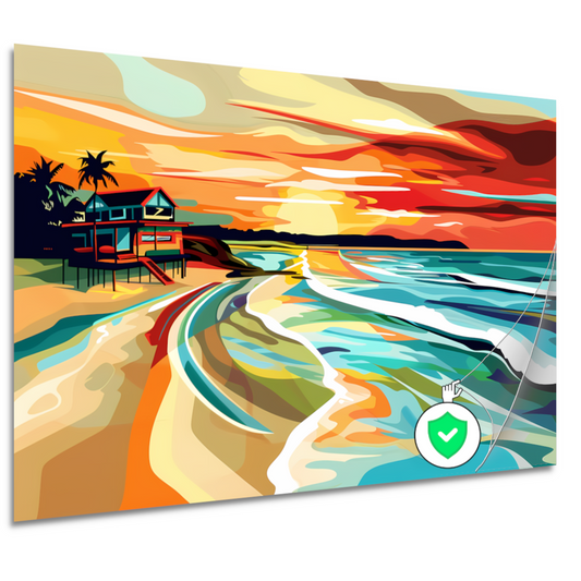 Impressionistisch strandhuis bij zonsondergang poster