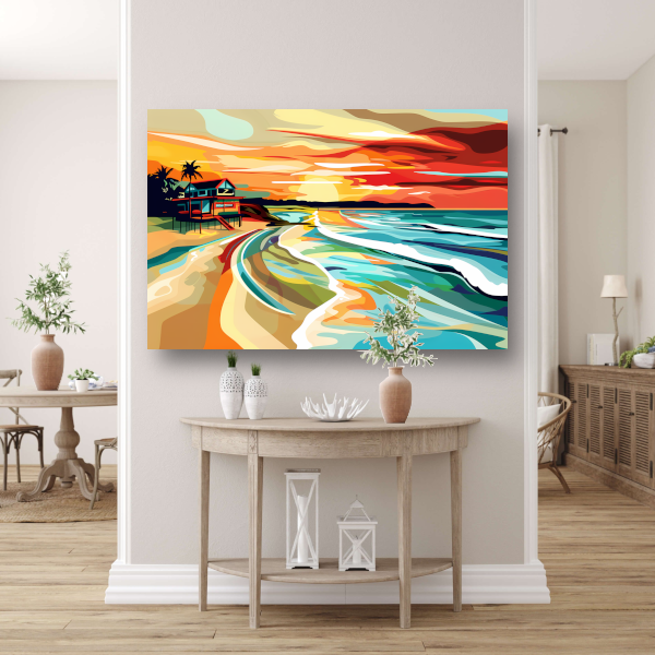 Impressionistisch strandhuis bij zonsondergang canvas
