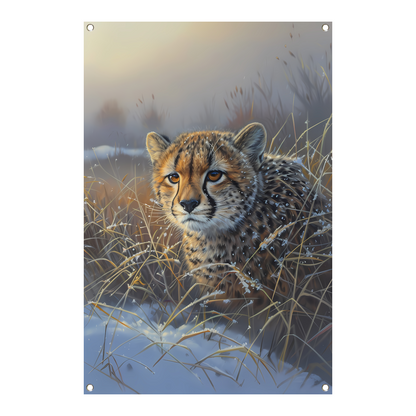 Jonge cheeta in sneeuw bedekt gras tuinposter