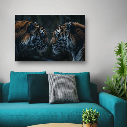 Twee tijgers in donker bos tegenover elkaar canvas met baklijst