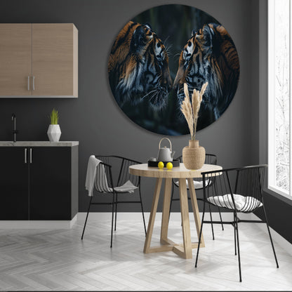 Twee tijgers in donker bos tegenover elkaar aluminium muurcirkel