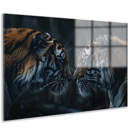 Twee tijgers in donker bos tegenover elkaar acrylglas