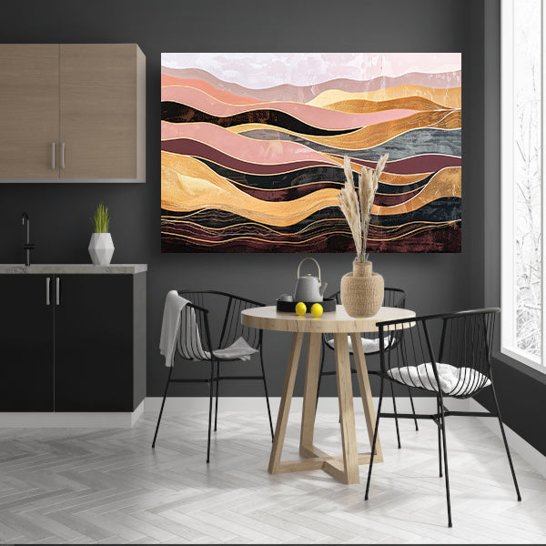 Abstracte golven in warme tinten schilderij canvas met baklijst