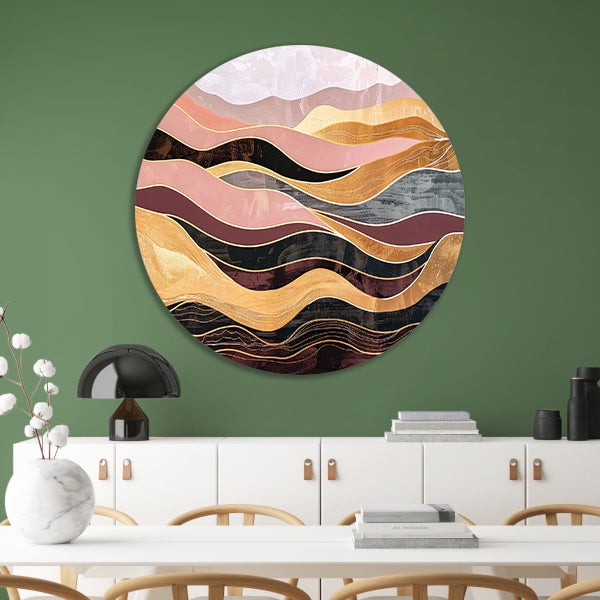 Abstracte golven in warme tinten schilderij aluminium muurcirkel