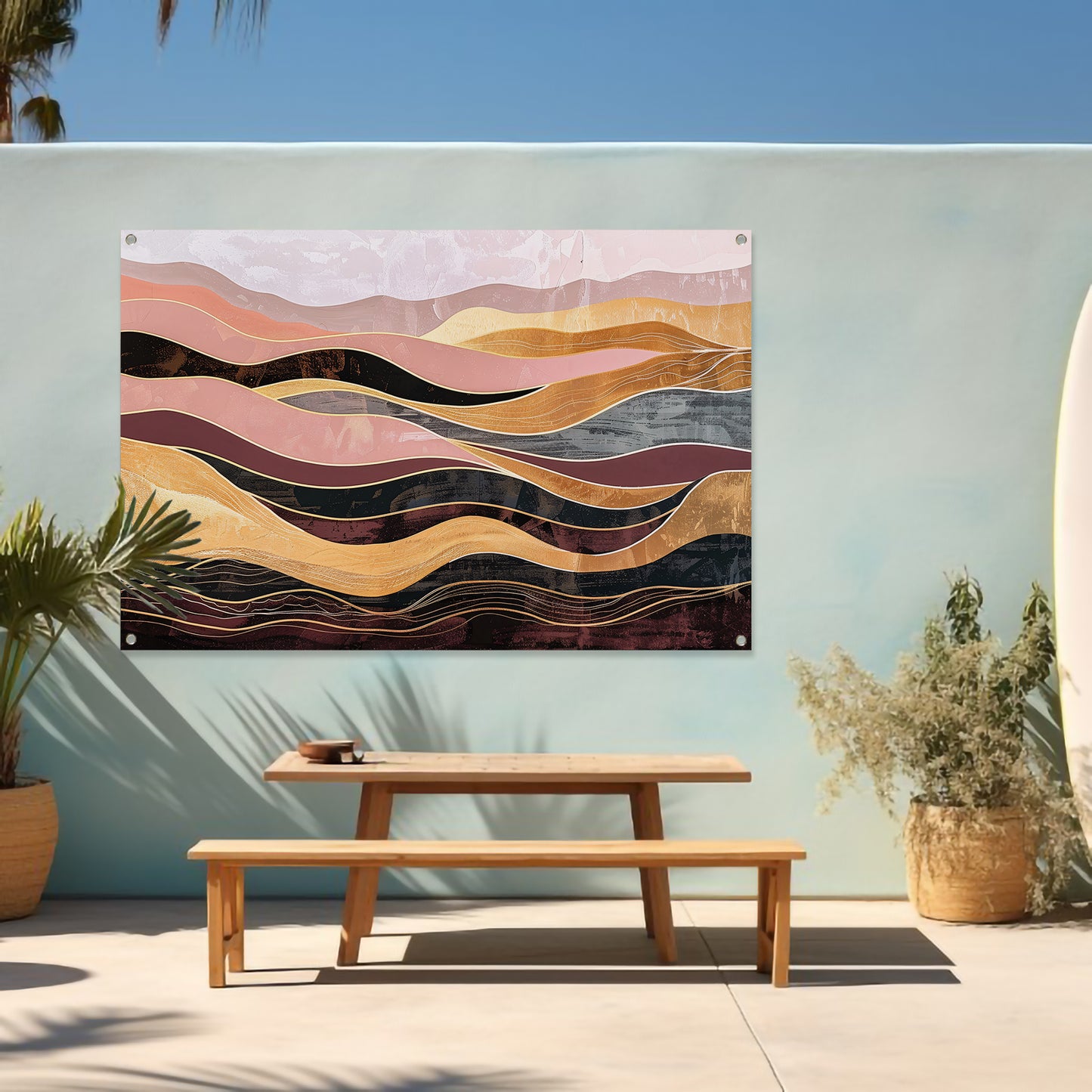 Abstracte golven in warme tinten schilderij tuinposter