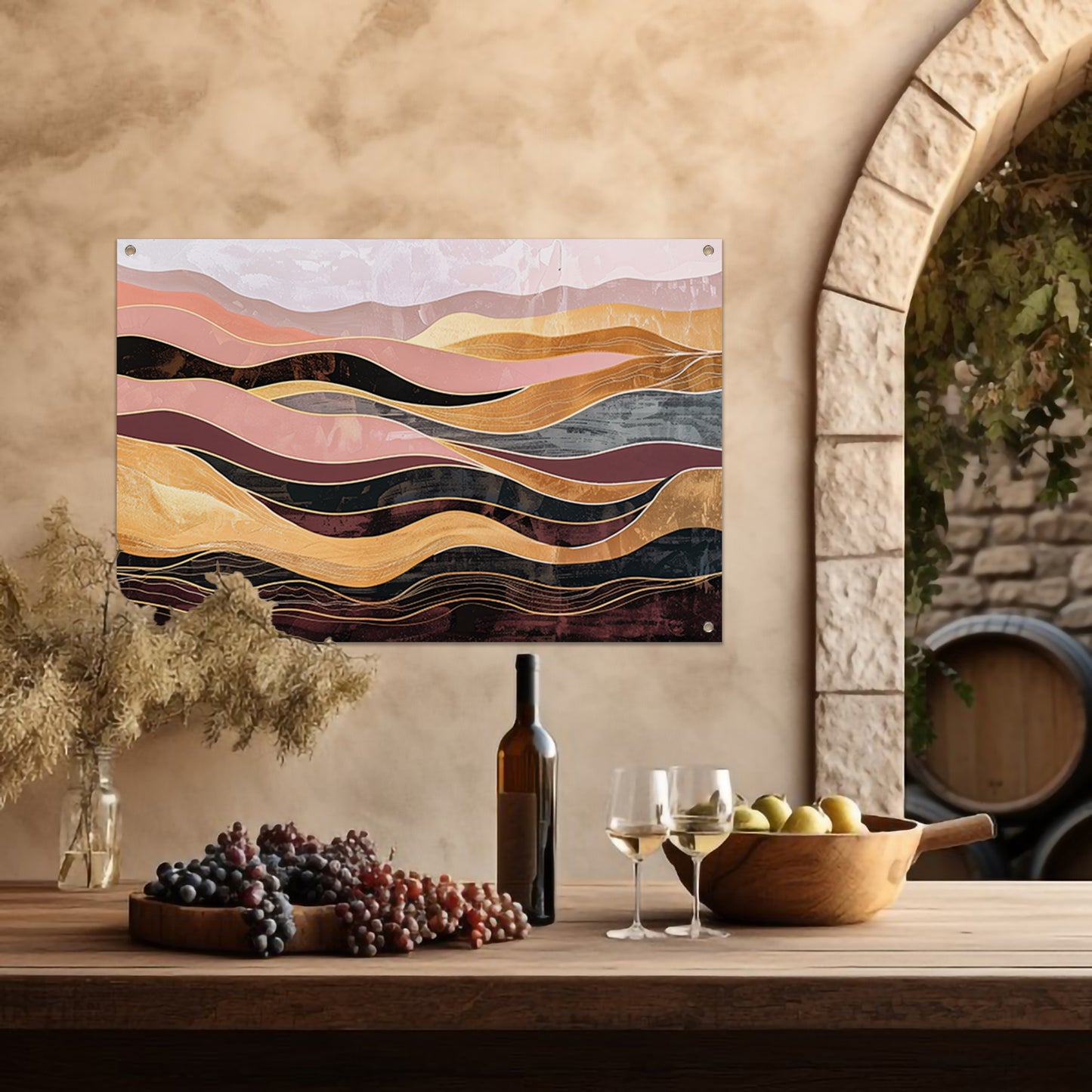 Abstracte golven in warme tinten schilderij tuinposter
