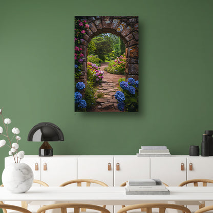 Stenen boog uitzicht op bloeiende tuin poster