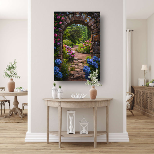Stenen boog uitzicht op bloeiende tuin poster
