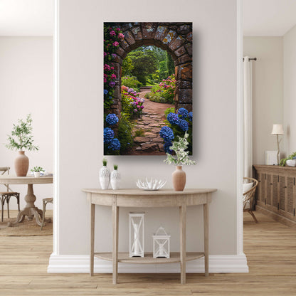 Stenen boog uitzicht op bloeiende tuin poster