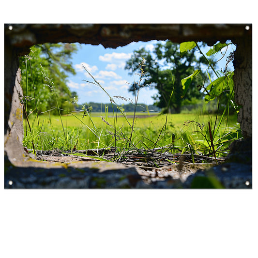 Natuurlandschap door betonnen raam tuinposter