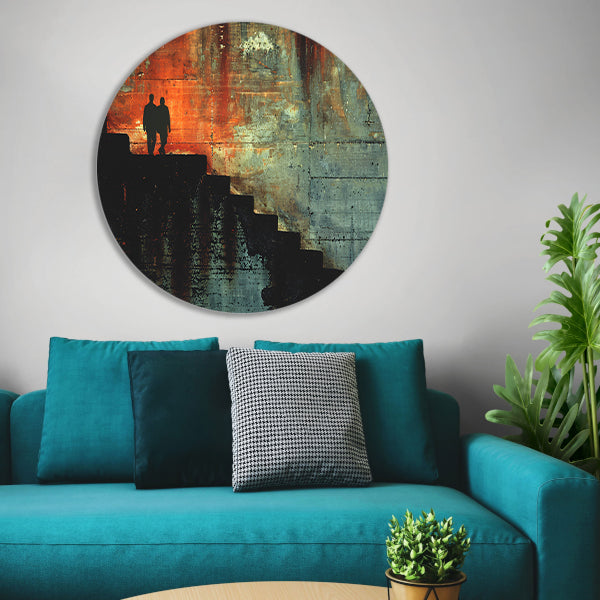 Schaduwen en Lichtspel op Oude Trap aluminium muurcirkel