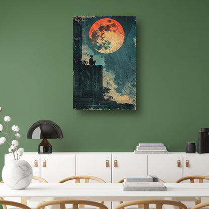 Eenzame figuur onder de rode maan poster