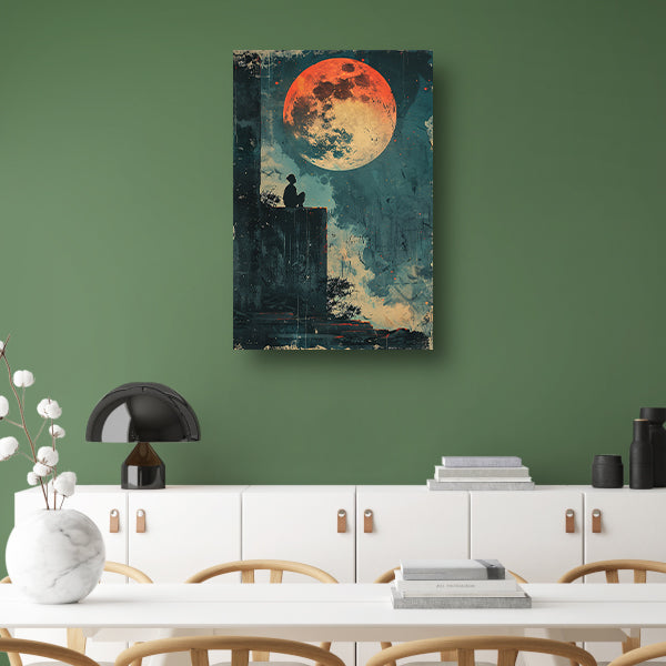 Eenzame figuur onder de rode maan canvas met baklijst