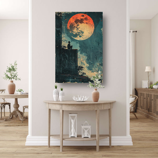 Eenzame figuur onder de rode maan canvas met baklijst