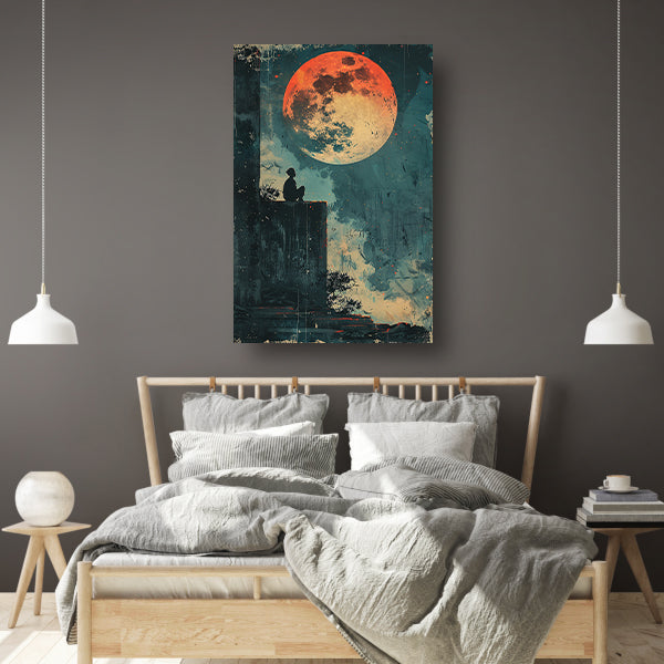 Eenzame figuur onder de rode maan canvas met baklijst