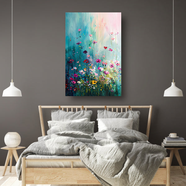 Kleurrijk abstract bloemenveld met vlinders canvas