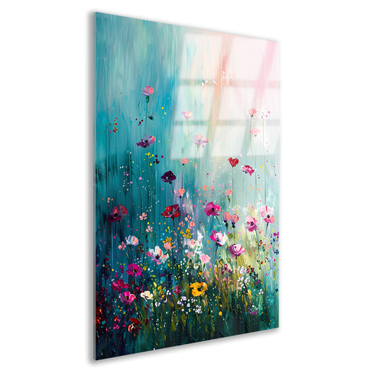 Kleurrijk abstract bloemenveld met vlinders acrylglas