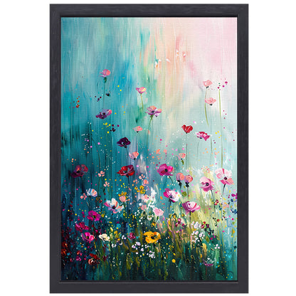 Kleurrijk abstract bloemenveld met vlinders canvas met baklijst