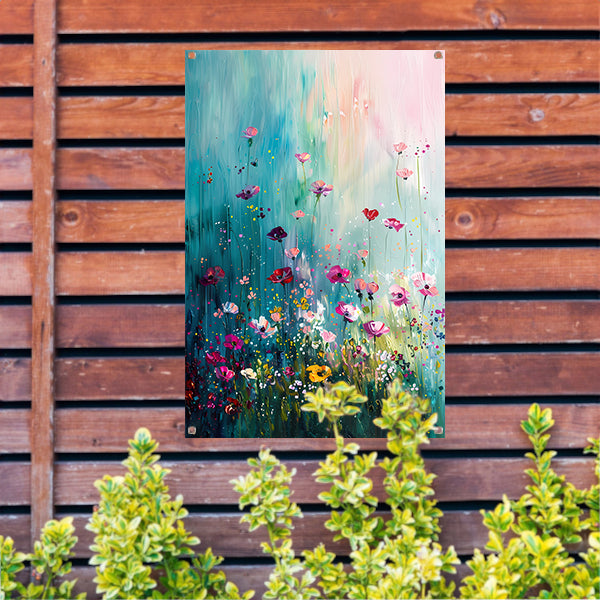 Kleurrijk abstract bloemenveld met vlinders tuinposter