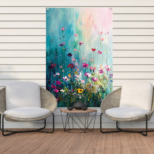 Kleurrijk abstract bloemenveld met vlinders tuinposter