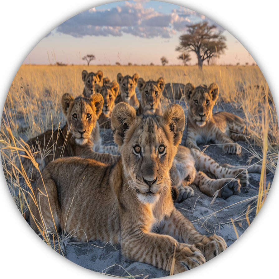 Leeuwenwelpen Knuffelen in het Gras aluminium muurcirkel