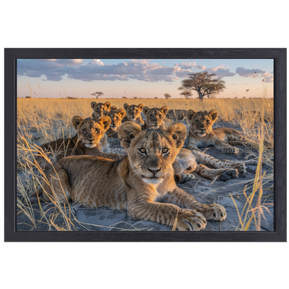Leeuwenwelpen Knuffelen in het Gras canvas met baklijst