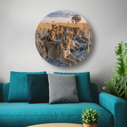 Leeuwenwelpen Knuffelen in het Gras aluminium muurcirkel