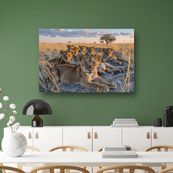 Leeuwenwelpen Knuffelen in het Gras canvas met baklijst