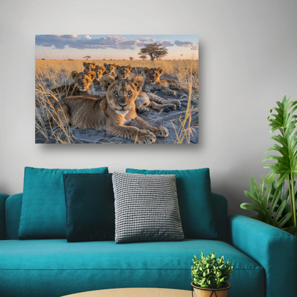 Leeuwenwelpen Knuffelen in het Gras canvas met baklijst