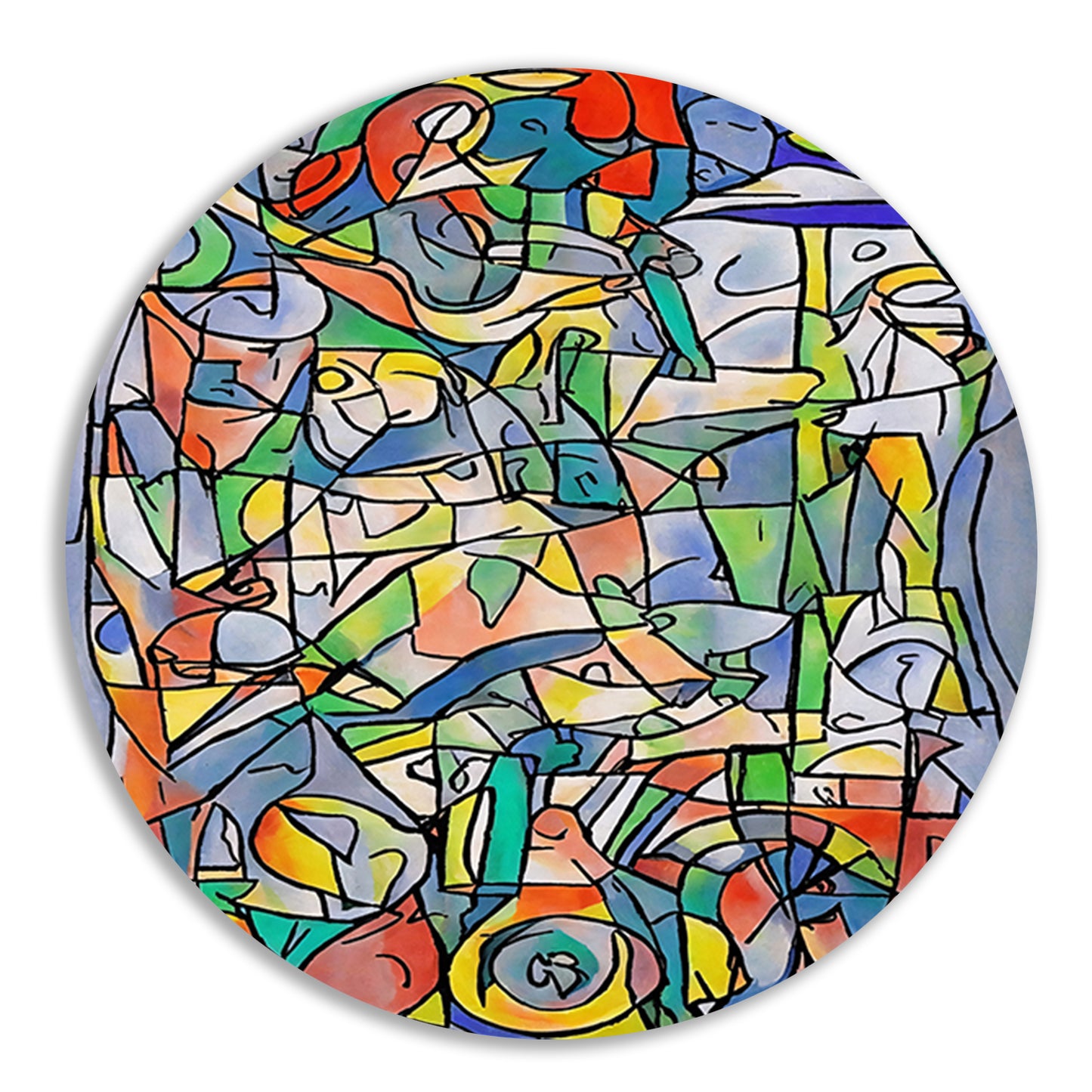 Abstracte kleurrijke figuren en vormen schilderij aluminium muurcirkel