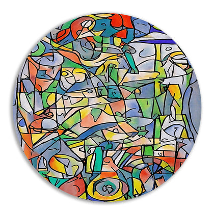 Abstracte kleurrijke figuren en vormen schilderij aluminium muurcirkel
