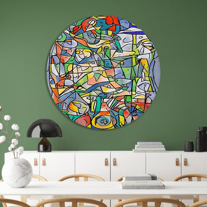 Abstracte kleurrijke figuren en vormen schilderij aluminium muurcirkel