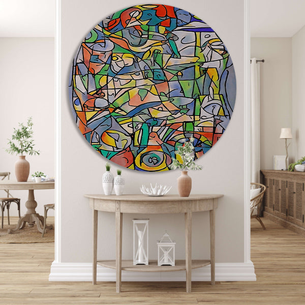 Abstracte kleurrijke figuren en vormen schilderij aluminium muurcirkel