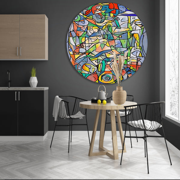 Abstracte kleurrijke figuren en vormen schilderij aluminium muurcirkel