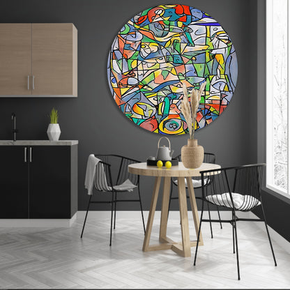 Abstracte kleurrijke figuren en vormen schilderij aluminium muurcirkel